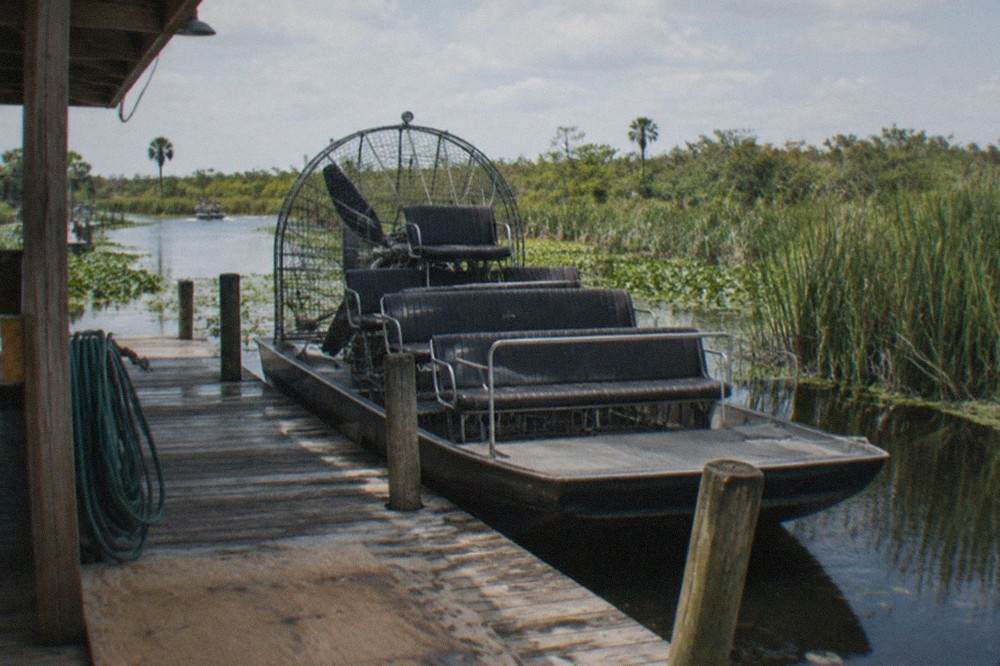 a parked airboat resting on a wooden dock beside tall marsh reeds