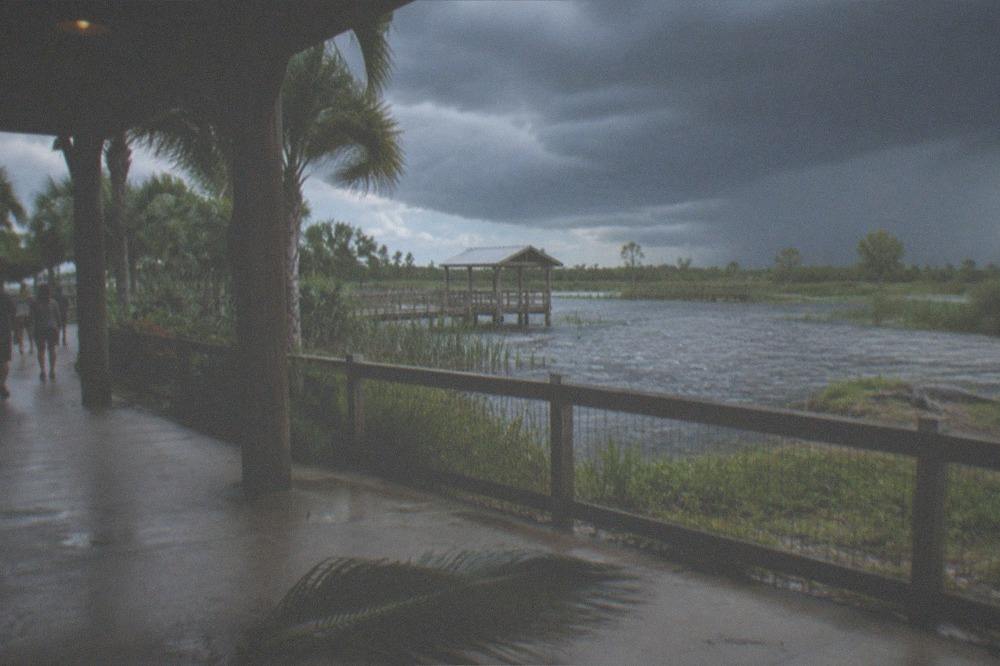 Dark storm clouds building over a wide Florida marsh