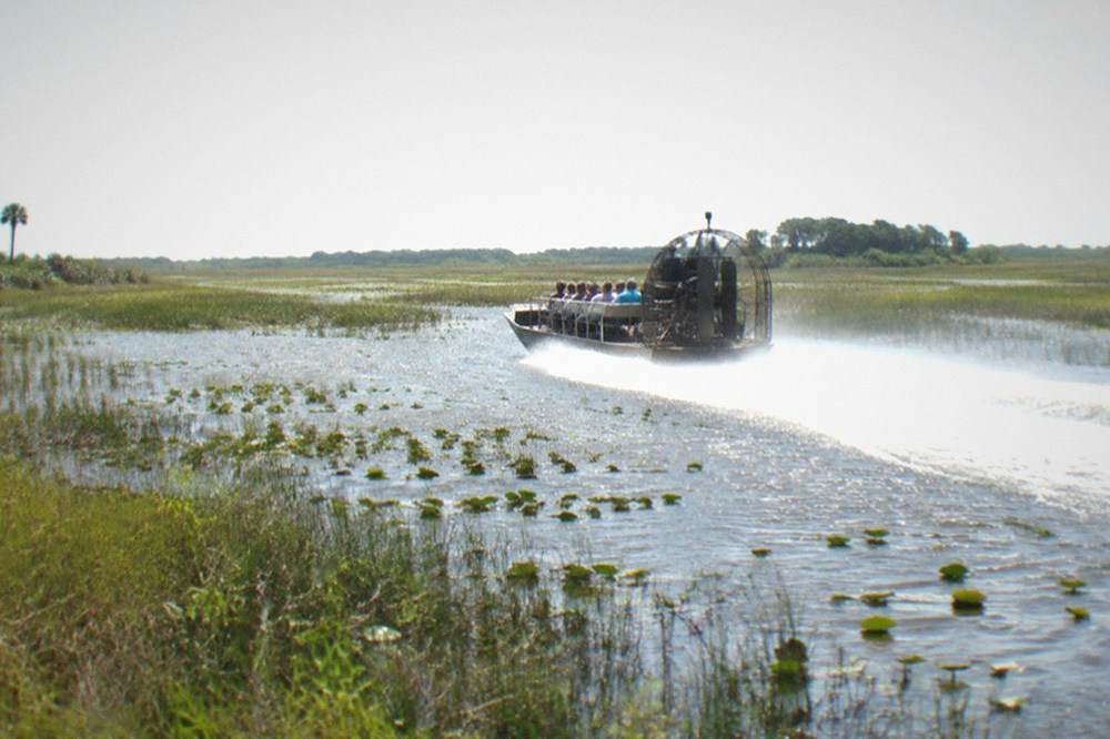 Airboat gliding across open marsh water at midday