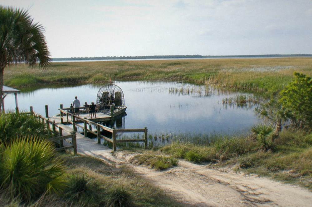 Open marshland at the edge of a Central Florida lake, tall grass giving way to flat water under a wide sky