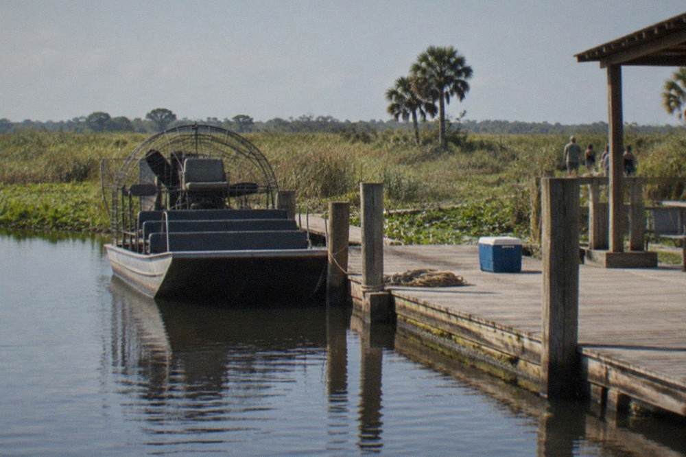 Wooden dock extending into a calm lake with marsh grass and open water beyond