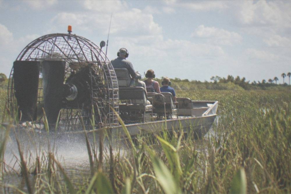 Airboat cruising through tall marsh grass with a passenger cabin open to the air